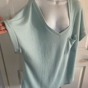 Light Green V-Neck Waffle Knit Tee